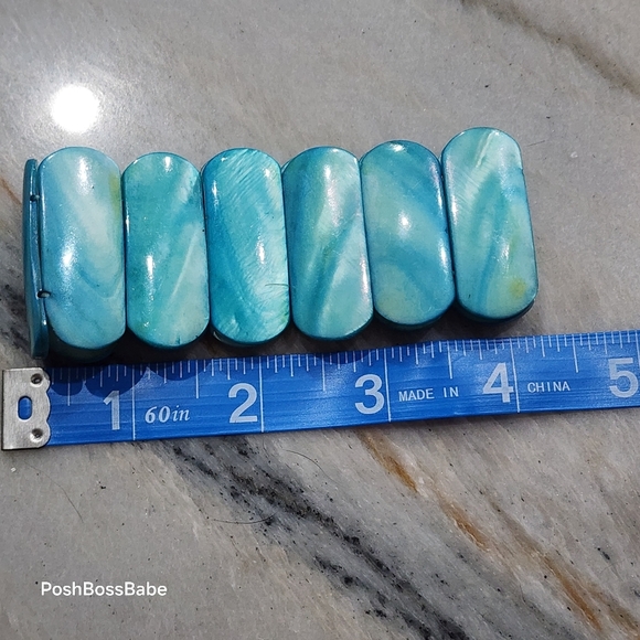 Wide Blue Shell Stretch Bracelet – Tropical Ocean Wave Pattern, 1.75" - Picture 6 of 6